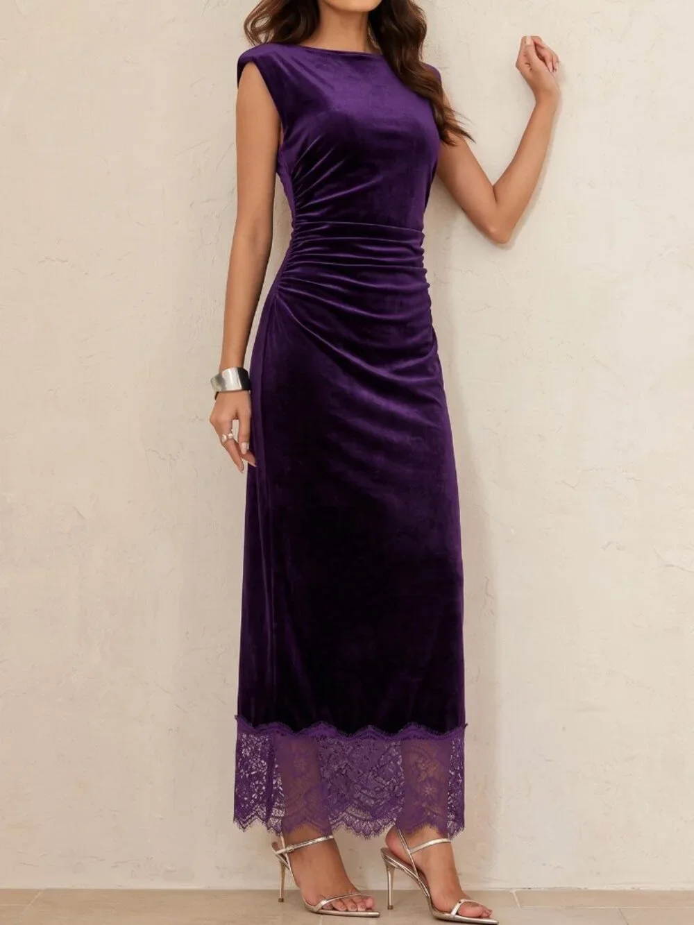Bold Plum Elegant Women's Contrast Lace Fitted Pencil Dress